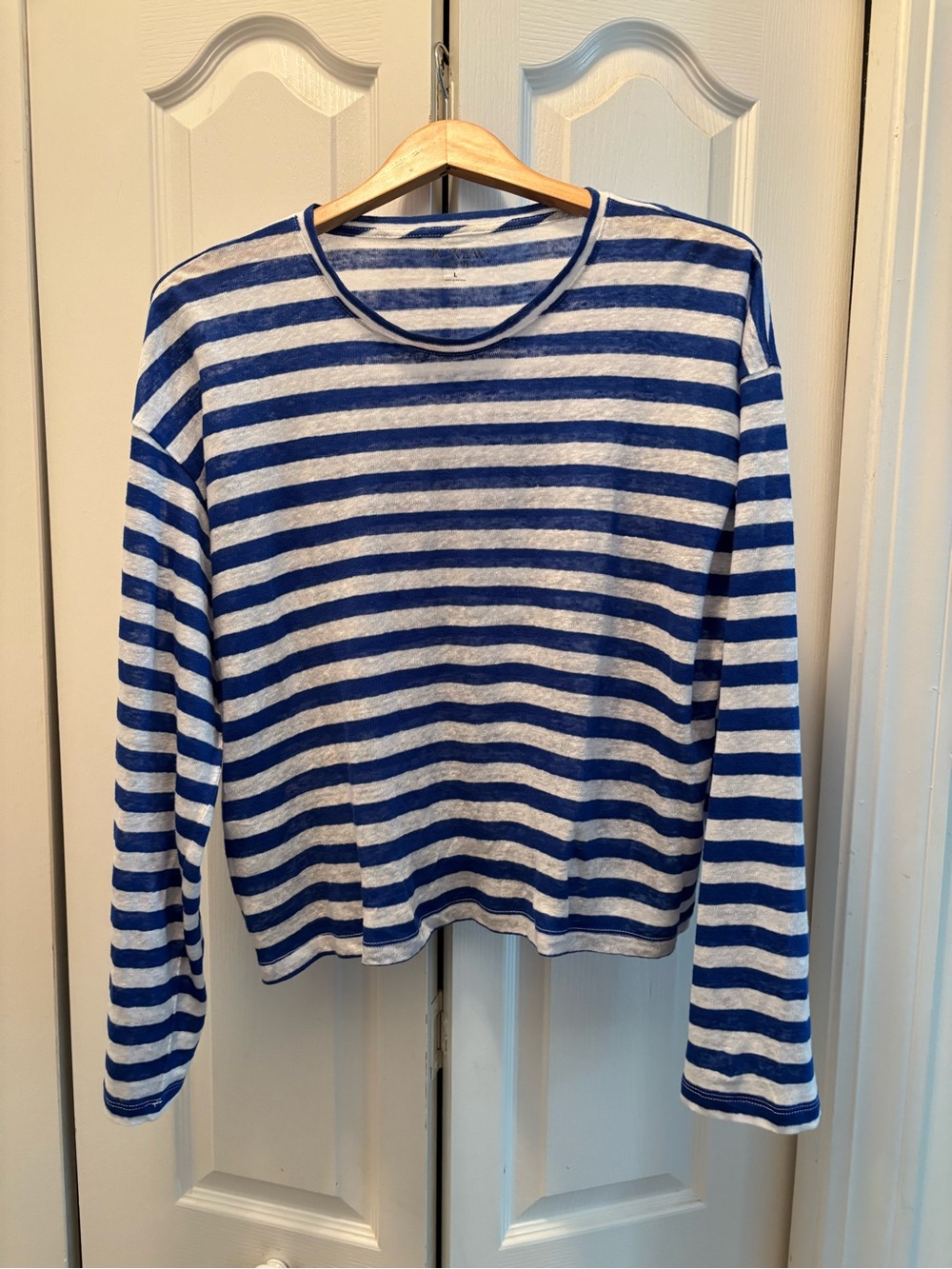 J. Crew Linen Blue and White Striped Long-Sleeve Tee